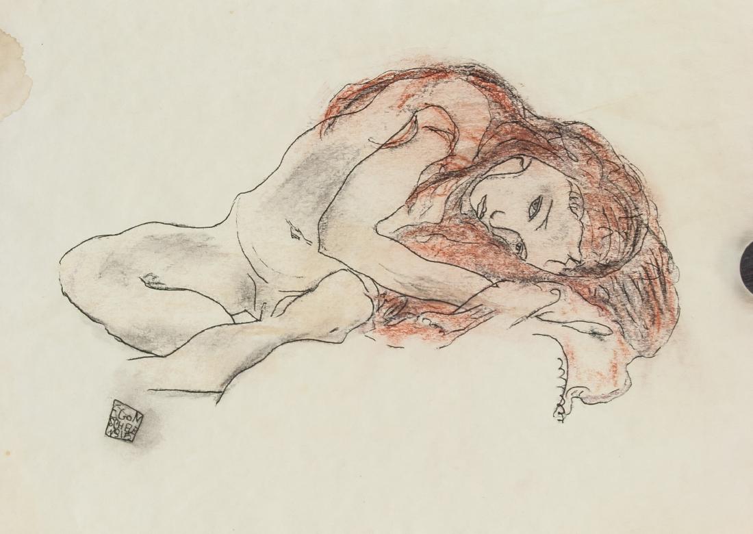 EGON SCHIELE Austrian 1890-1918 Ink Pastel Seal: Ink pastel on paper. Featuring reclining nude. Signed and attr. Egon Schiele (Austrian, 1890-1918). Gallery seal on verso. 8.3 x 11.4 in. (21 x 29 cm). A great innovator of modern figure painting, Ego