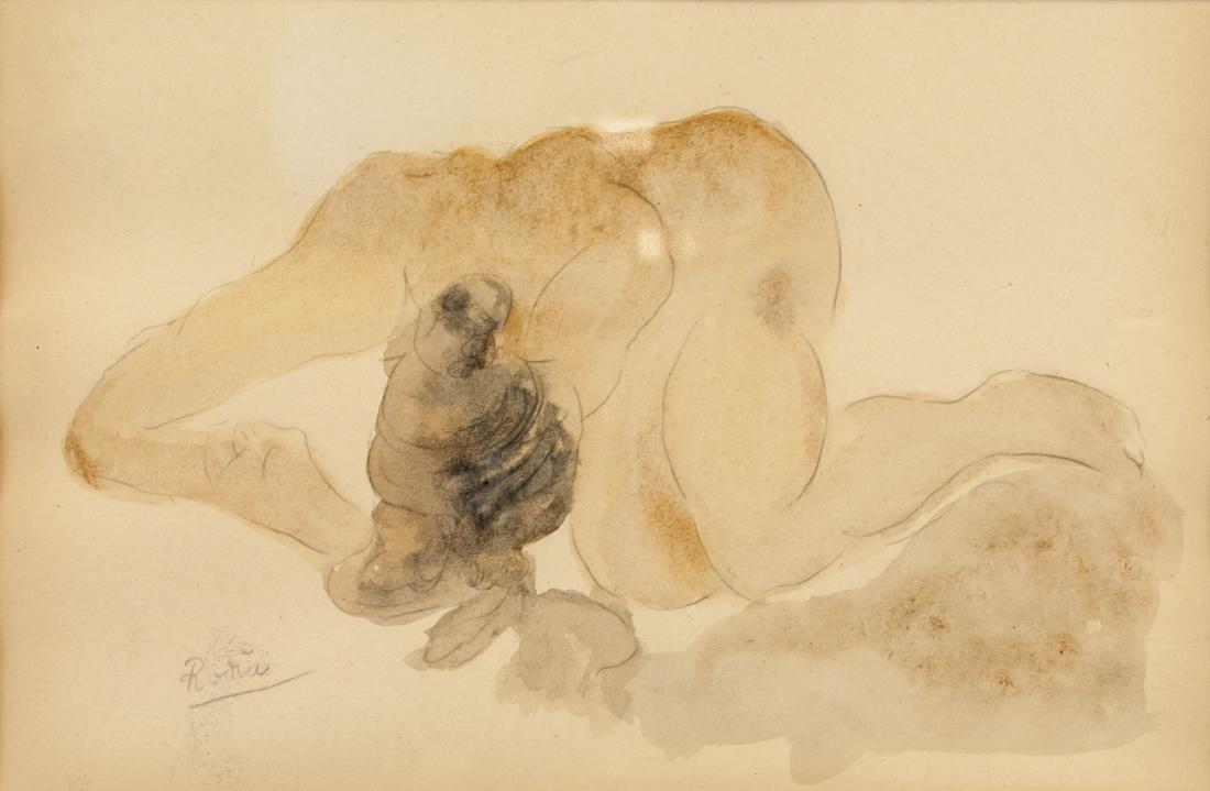 AUGUSTE RODIN French 1840-1917 WC on Paper Nude: Watercolor on paper. Featuring a nude. Signed and attr. Auguste Rodin (French, 1840-1917). 7.9 x 11.8 in. (20 x 30 cm). Auguste Rodin was a French artist widely regarded as the father of Modern sculpt