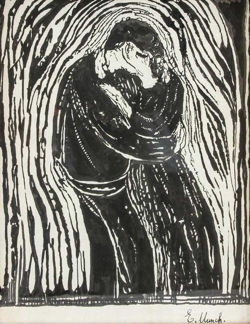 EDVARD MUNCH Norwegian 1863-1944 Ink on Paper: Ink on paper. Featuring a couple in embrace. Signed and attr. Edvard Munch (Norwegian, 1863-1944) on the lower right corner. 11 x 8.5 in. (28 x 21.5 cm). A recognized forerunner of Expressionism, Norw