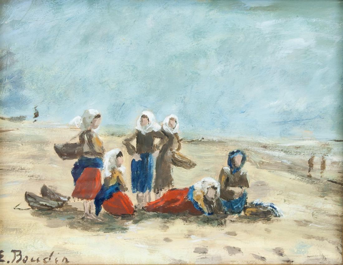 EUGENE BOUDIN French 1824-1898 Gouache on Paper: Gouach on paper, framed, featuring a beach scene. Signed and attr Eugene Boudin (French, 1824-1898), on the lower left corner. 7.1 x 9.1 in. (18 x 23 cm). Eugene Boudin was a French painter best known