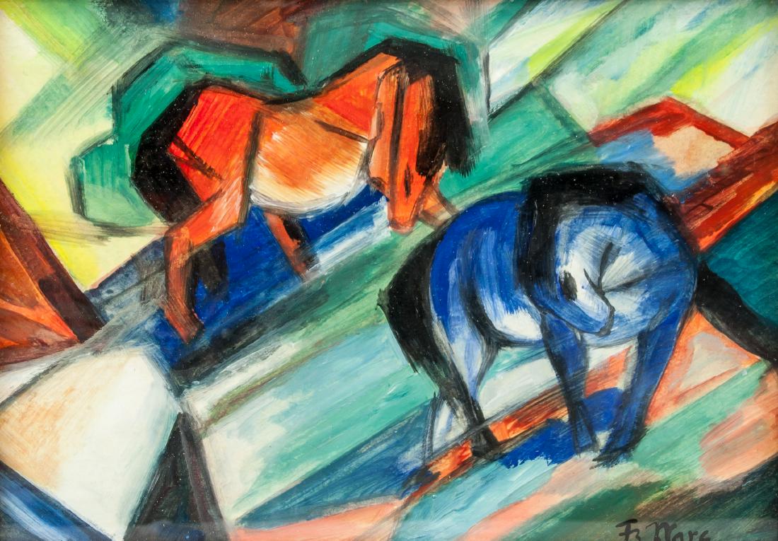 FRANZ MARC German 1880-1916 Gouache Horses: Gouache on paper, featuring cubistic horses, signed and attr. Franz Marc (German, 1880-1916) on the lower right corner, 7.7 x 11.2 in. (19.5 x 28.5 cm), Franz Marc was a German artist remembered for h