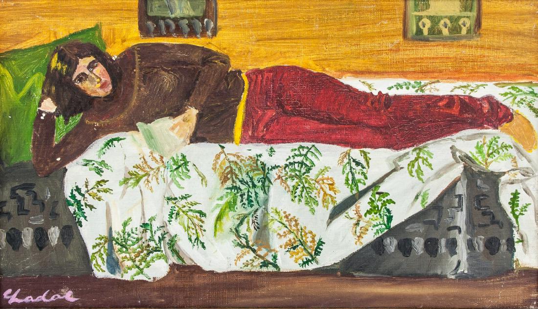 CARLOS NADAL Spanish 1917-1998 OOC Reclining Lady: Oil on canvas. Featuring a reclining lady atop a bed. Signed and attr. Carlos Nadal (Spanish, 1917-1998) on the lower left corner. 8.9 x 15.7 in. (22.5 x 40 cm) In 1930 he began his formal art educati