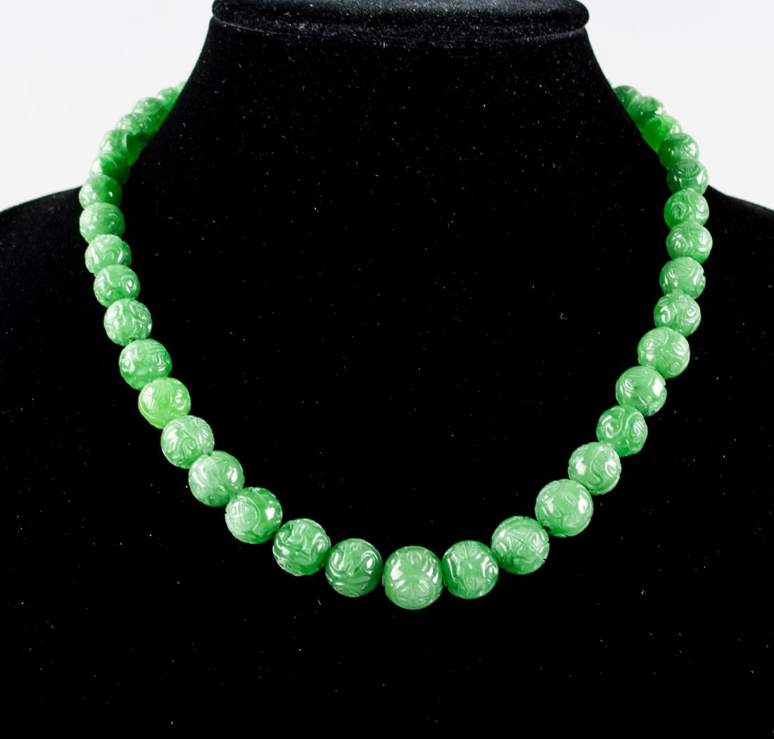 Burma Green Jadeite Carved Round Bead Necklace (1 of 4)
