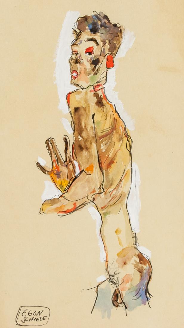 EGON SCHIELE Austrian 1890-1918 WC & Gouache: Watercolor and gouache on paper. Featuring nude self-portrait. Signed and attr. Egon Schiele (Austrian, 10.2 x 5.8 in. (25.9 x 14.7 cm). Accompanied with a certificate of authenticity. A great innovat
