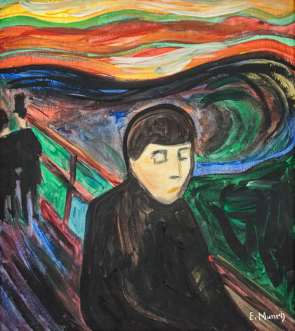 EDVARD MUNCH Norwegian 1863-1944 Oil on canvas: Oil on canvas. Featuring a man on a bridge, reminiscent of The Scream. Signed and attr. Edvard Munch (Norwegian, 1863-1944) on the lower right corner. 50 x 45.5 cm (19.7 x 17.9 in.) A recognized forer