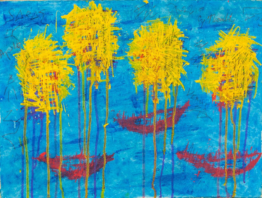 CY TWOMBLY (manner of) American 1928-2011 OOC: Oil on canvas. (In the manner of) Cy Twombly (American, 1928-2011). 15.6 x 20.9 in. (39.5 x 53 cm). Cy Twombly emerged in the 1950s, developing a characteristic painting style of expressive drips and