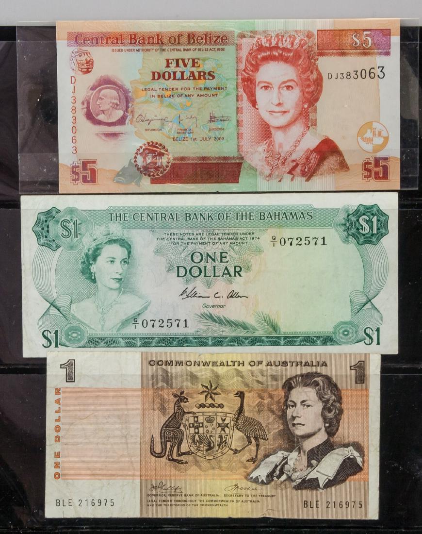 3 Assorted Belize, Bahamas and Australia Banknotes: One Belize 5 dollar bank note, issued on July 2009, one 1 dollar Bahamas bank note released in 1974, HM Queen Elizabeth II on the front design, and one 1 dollar Australian bank note, issued in 1966, 6