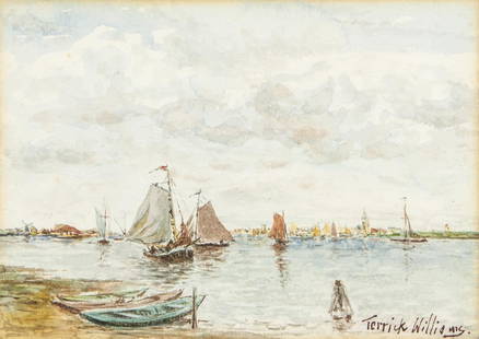 TERRICK WILLIAMS UK 1860-1936 Watercolor Landscape: Watercolor on paper. Featuring a harbor landscape scene. Signed and attr. Terrick Williams (British, 1860-1936) on lower right corner. 4.8 x 6.7 inches (12.2 x 17.2 cm). Terrick Williams was a British