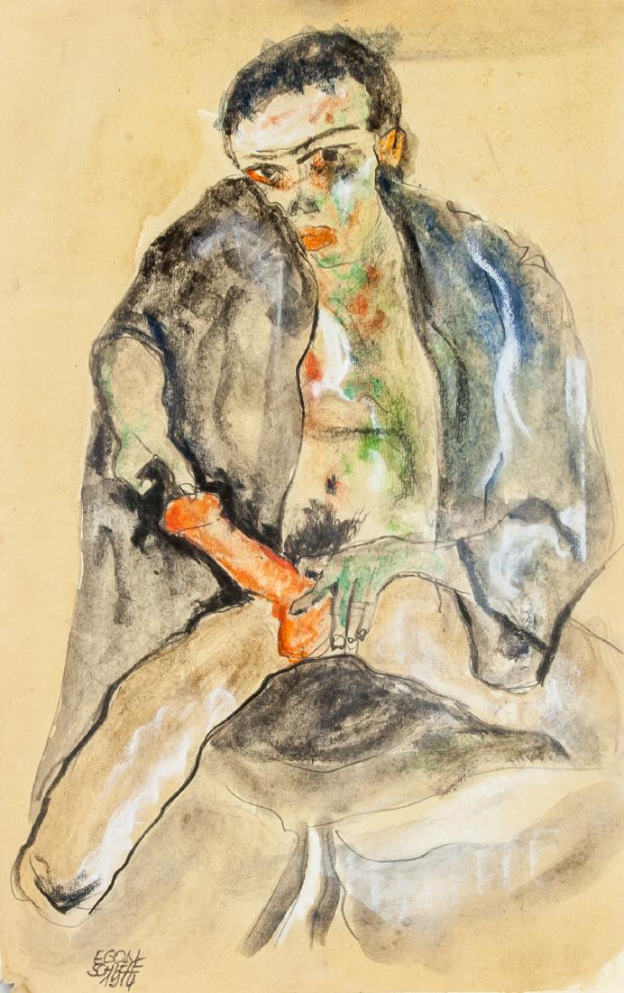 EGON SCHIELE Austrian 1890-1918 WC 1914: Watercolor on paper. Featuring a semi-nude man. Signed and attr. Egon Schiele (Austrian 1890-1918) and dated 1914 on lower left corner. 11.8 x 7.7 in. (30 x 19.5 cm). A great innovator of modern figur