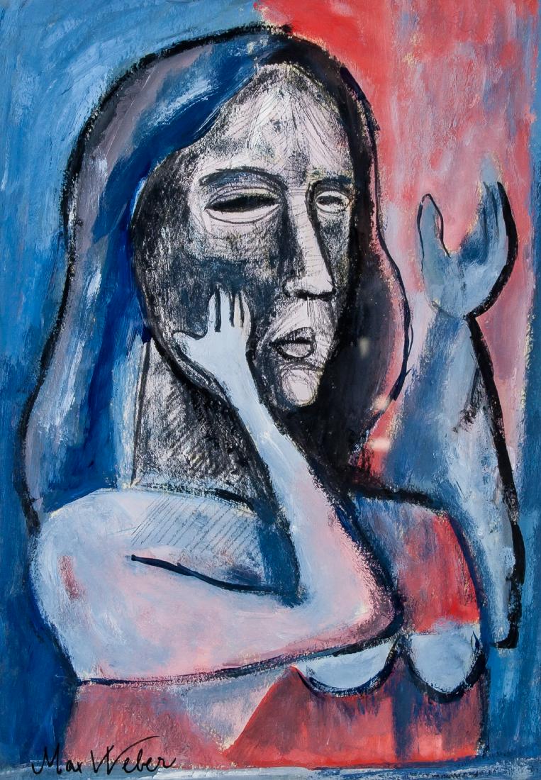 MAX WEBER American 1881-1961 Tempera on Paper: Tempera on paper, framed. Featuring a portrait. Signed and attr. Max Weber (American, 1881-1961) on the lower left corner. 25.5 x 18 cm (10 x 7 in). Max Weber was a Russian-born Jewish-American painte