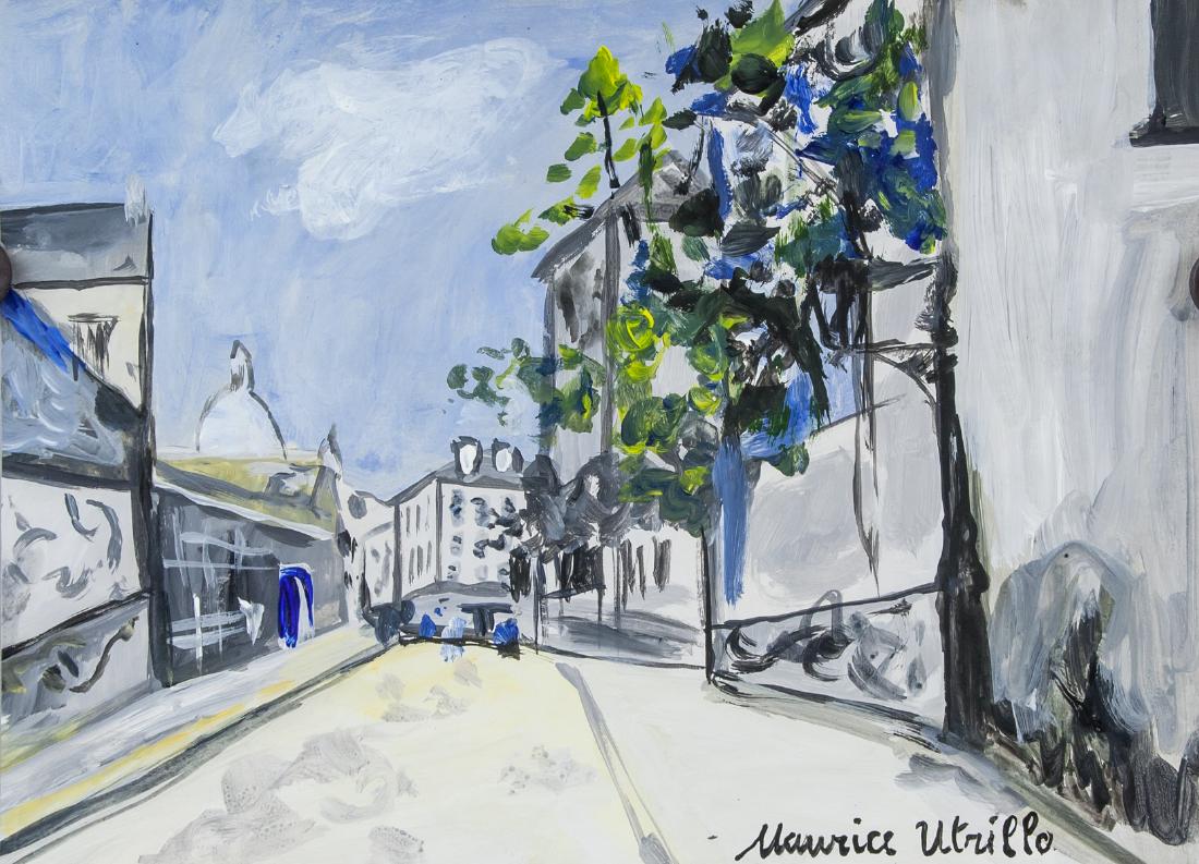 MAURICE UTRILLO French 1883-1955 Gouache on Paper: Gouache on paper. Featuring a street scene. Signed and attr. Maurice Utrillo (French, 1883-1955), on the lower right corner. 20 x 27 cm (7.9 x 10.6 inches). Gallery stamp on verso " XXX, Art Basel Gal