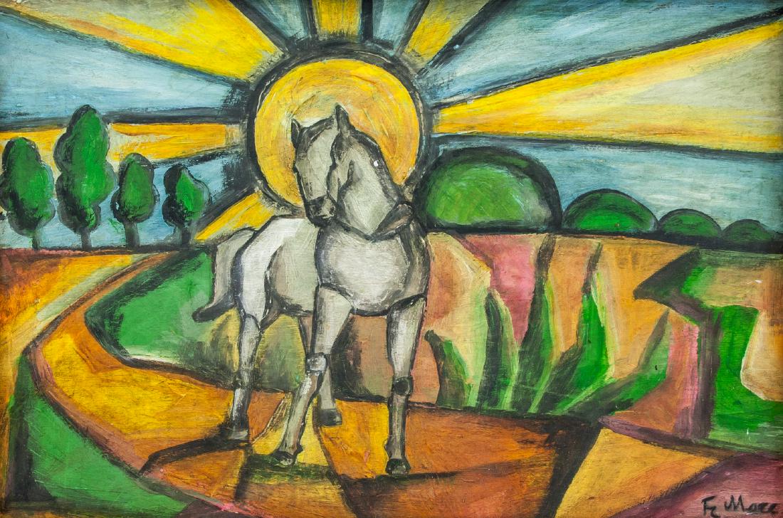 FRANZ MARC Germany 1880-1916 Oil on Board Horse: Oil on board. Featuring a cubist expressionist painting of a horse in front of sun rays of sunshine in the fields. Signed and attr. Franz Marc (German, 1880-1916) on the lower right corner. Gallery la