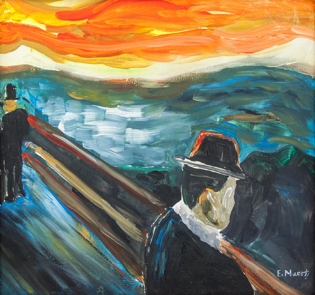 EDVARD MUNCH Norwegian 1863-1944 Oil on Canvas: Oil on canvas, framed. Featuring an expressionist scene of a lone figure atop a boardwalk, facing away from the viewer. Signed and attr. Edvard Munch (Norwegian, 1863-1944) on the lower right corner.