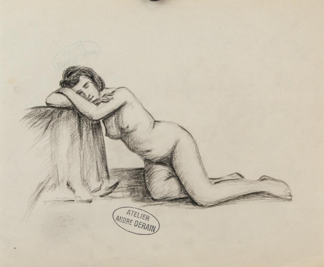 ANDRE DERAIN French 1880-1954 Graphite on Paper: Graphite on paper. Featuring a woman resting her head on a stool. Attr. Andre Derain (French, 1880-1954) with gallery seal on the lower edge, "ATELIER ANDRE DERAIN." 19.5 x 23.5 cm (7.7 x 9.3 inches).
