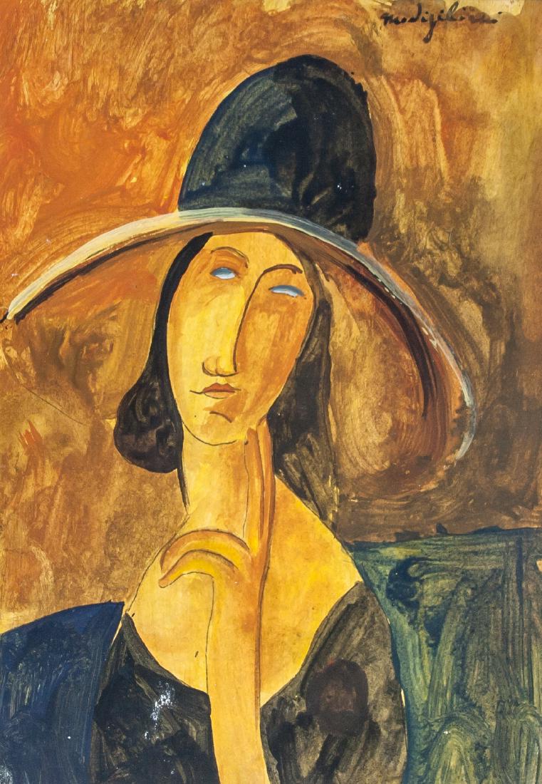 AMEDEO MODIGLIANI Italian 1884-1920 Tempera/Oil: Tempera and oil on paper. Featuring a portrait. Signed and attr. Amedeo Modigliani (Italian, 1884-1920) on the lower right corner. Marked with gallery seal with notation in pencil on verso. Accompanie