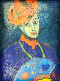 ALEXEJ JAWLENSKY Russian 1864-1941 Oil & Gouache: Oil and gouache on board, framed. Featuring a portrait of a lady. Signed and attr. Alexej Jawlensky (Russian, 1864-1941) on the lower right corner. Gallery label on verso. 20 x 15 cm (7.9 x 5.9 inches