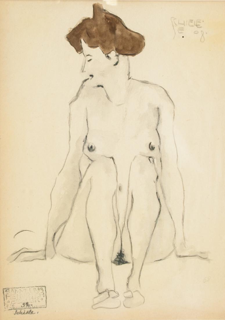 EGON SCHIELE Austrian 1890-1918 WC on Paper: Watercolor and graphite on paper. Featuring a female nude. Signed and attr. Egon Schiele (Austrian, 1890-1918) on the upper right corner, gallery stamp on the lower left corner. 27.5 x 20 cm (10.8 x 7