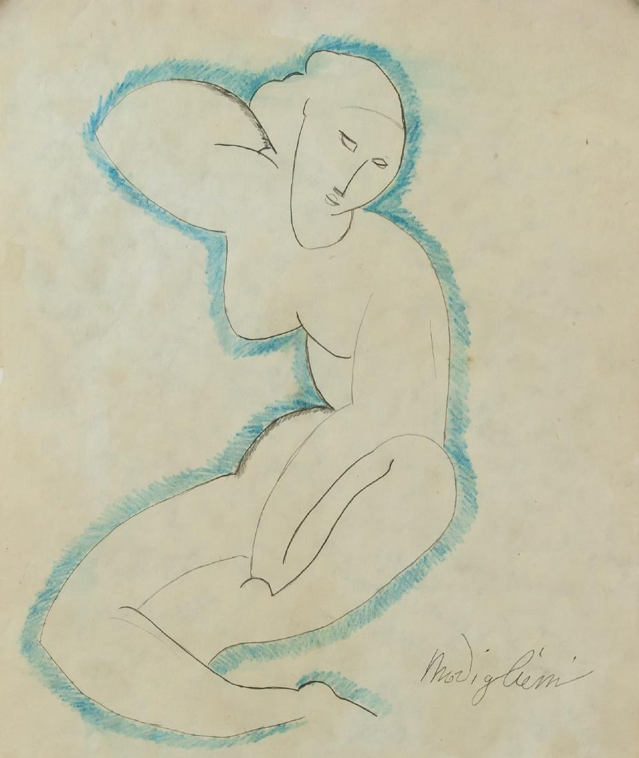 AMEDEO MODIGLIANI attr Italian 1884-1920 Graphite: Graphite on paper. Featuring a nude figure, sketch. SIgned and attr. Amedeo Modigliani (Italian, 1884-1920) on the lower right corner. 11.4 x 9.1 in. (29 x 23 cm). Italian painter and sculptor Amedeo