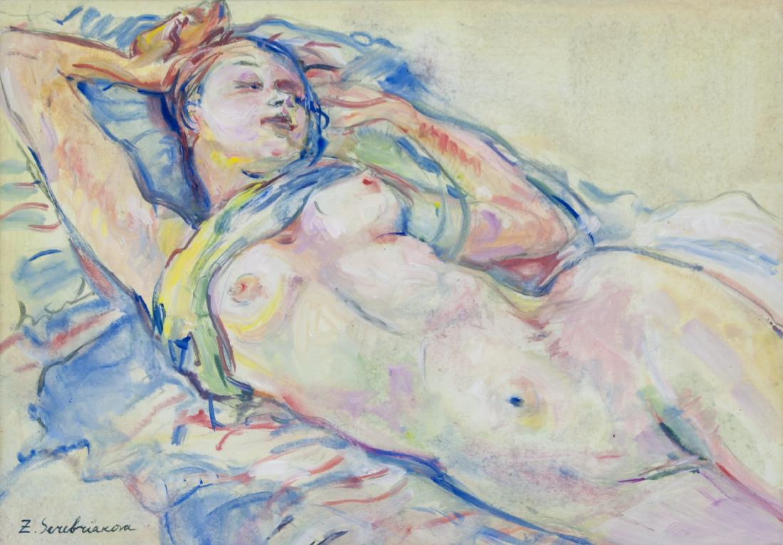 ZINAIDA SEREBRIAKOVA Russian 1884-1967 Gouache: Gouache on paper, framed. Featuring a nude portrait. Signed and attr. Zinaida Serebriakova (Russian, 1884-1967) on the lower left corner. 20.5 x 29 cm (8.1 x 11.4 inches). Frame size: 31 x 41 cm (12.2