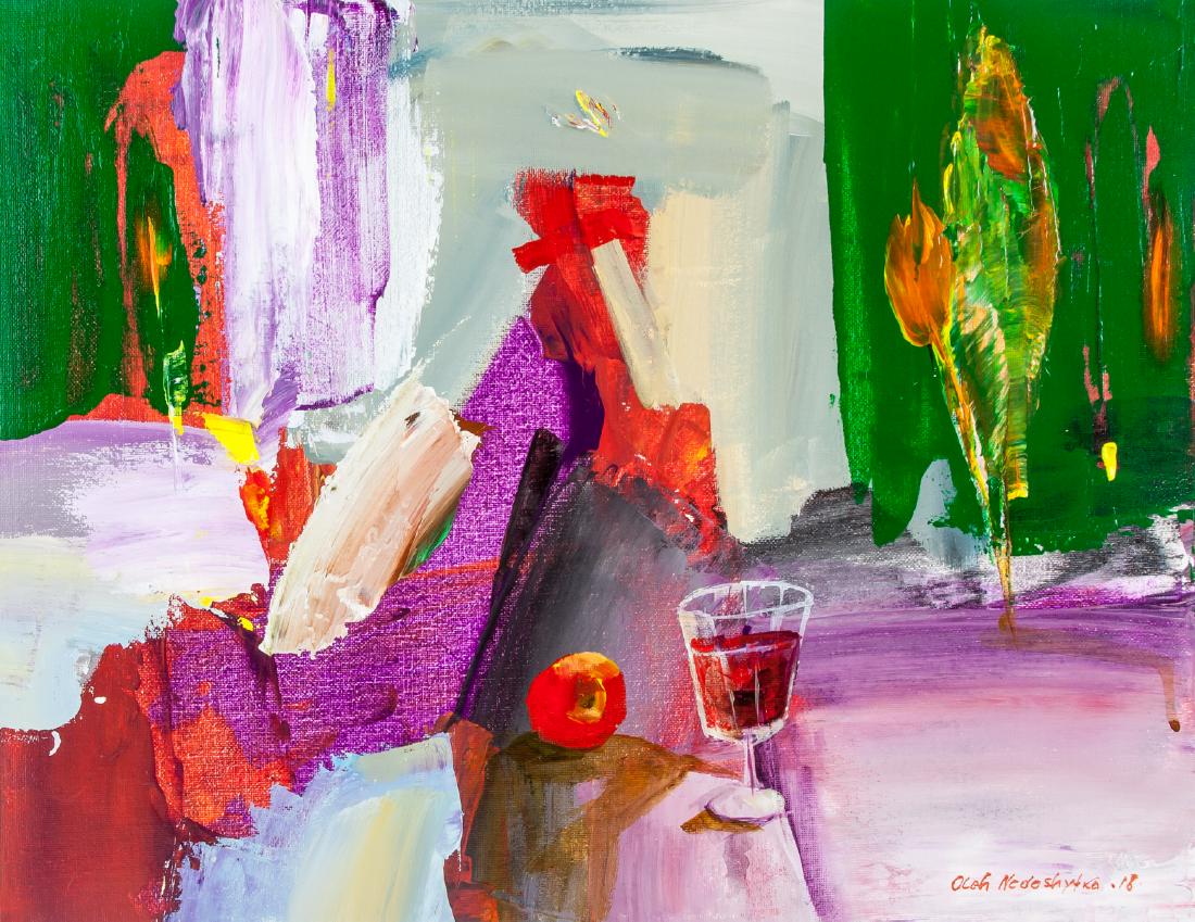 OLEG NEDOSHYTKO Ukrainian Acrylic Abstract: Acrylic on canvas. Featuring a colorful abstract composition. Signed by the artist Oleg Nedoshytko (Ukrainian) on the lower right corner, dated 2018 on verso. At twenty one, Oleg Nedoshytko was listed