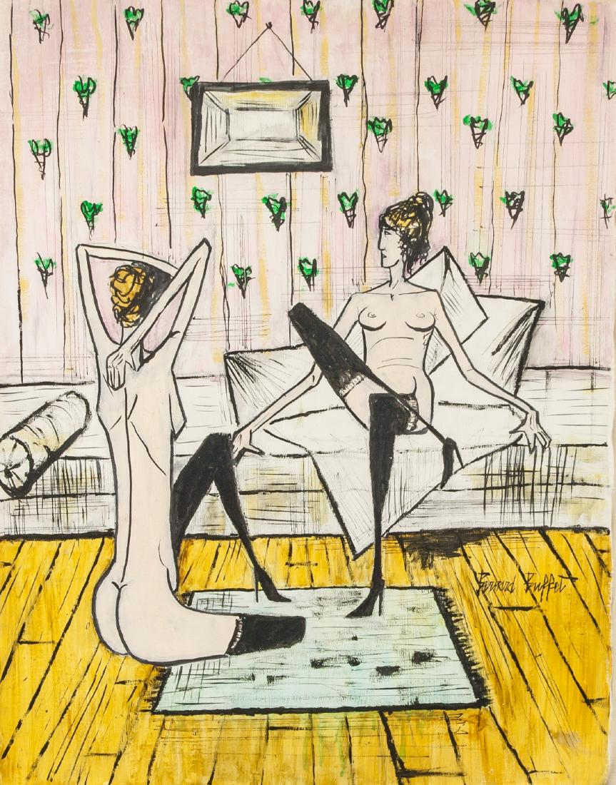 Modern French Painting 1928-199 OOC Nude Figures: Oil on canvas. Featuring two female nude figures. Signed and attr. Bernard Buffet (French, 1928-1999) on right edge. 21 x 16 in. (53.3 x 40.6 cm). Embodying Jean-Paul Sartreâ€™s Existentialism an
