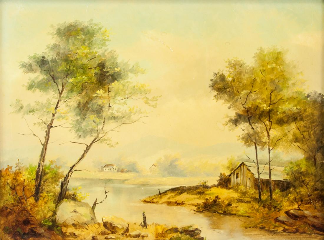 FRANCIS E JAMIESON British 1895-1950 OOB Highlands: Oil on board. Featuring a highlands landscape scene. Signed Aubrey Ramus and attr. Francis E. Jamieson (British, 1895-1950) on the lower right corner. 29 x 39 cm (11.4 x 15.4 inches). Francis E Jamies