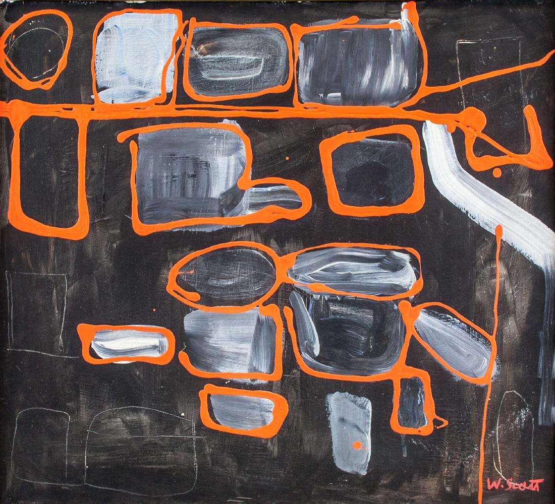 British OOC Abstract Expressionist Composition: Oil on canvas. Featuring an abstract composition. Signed and attr. William Scott (British, 1913-1989) on the lower right corner. 15.9 x 17.5 in. (40.5 x 44.5 cm) William Scott was a Scottish-born Brit