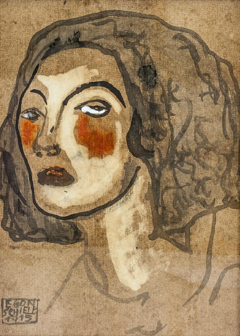 EGON SCHIELE Austrian 1890-1918 Mixed Media/Paper: Mixed media on paper, framed. Portrait of a woman. Signed and attr. Egon Schiele (Austrian, 1890-1918) and dated 1915 on the lower left corner. 12 x 8.9 in. (30.5 x 22.5 cm). A great innovator of mode