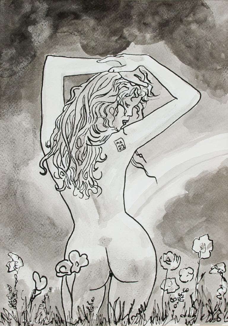 MILO MANARA Italian b. 1945 Mixed Media on Paper: Mixed media on paper, framed. Featuring a nude figure. Signed with signature over shoulder of figure and attr. Milo Manara (Italian, born 1945). 26.5 x 18.5 cm (10.4 x 7.3 inches). Frame size: 42 x 34