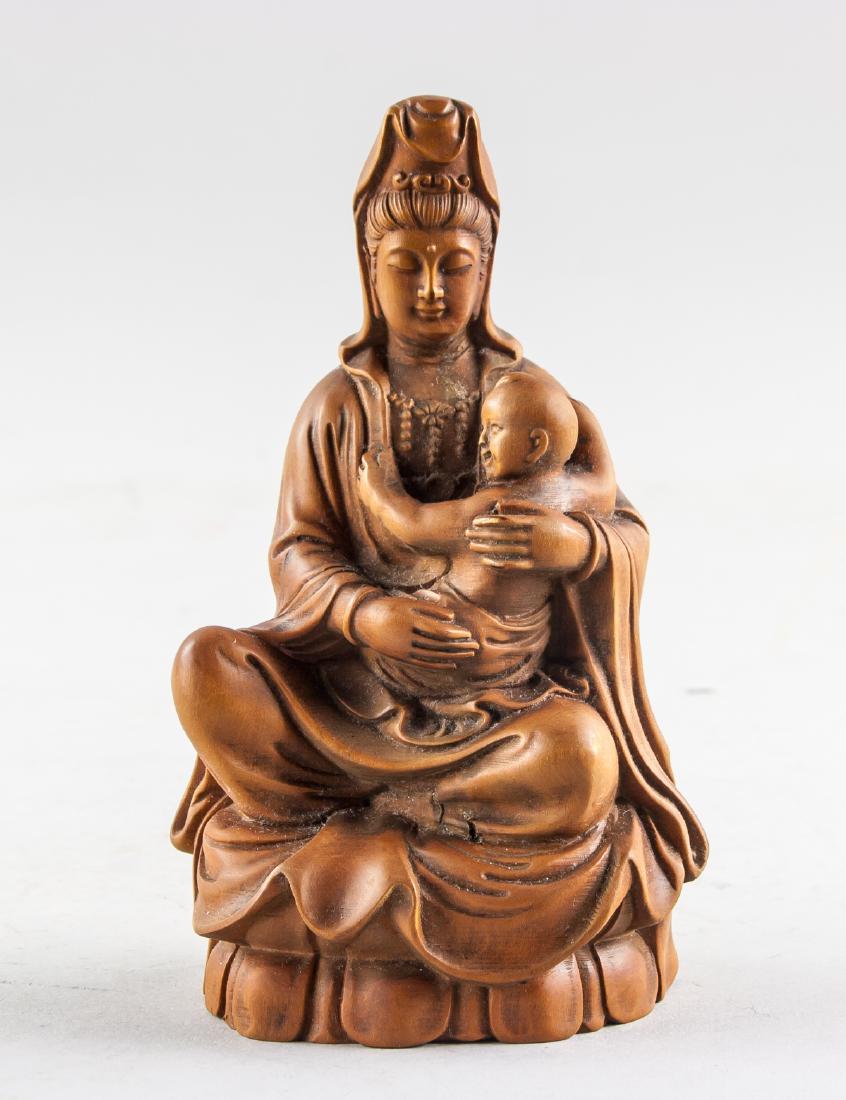 Chinese Teak Wood Guanyin Holding Boy Statue (1 of 7)