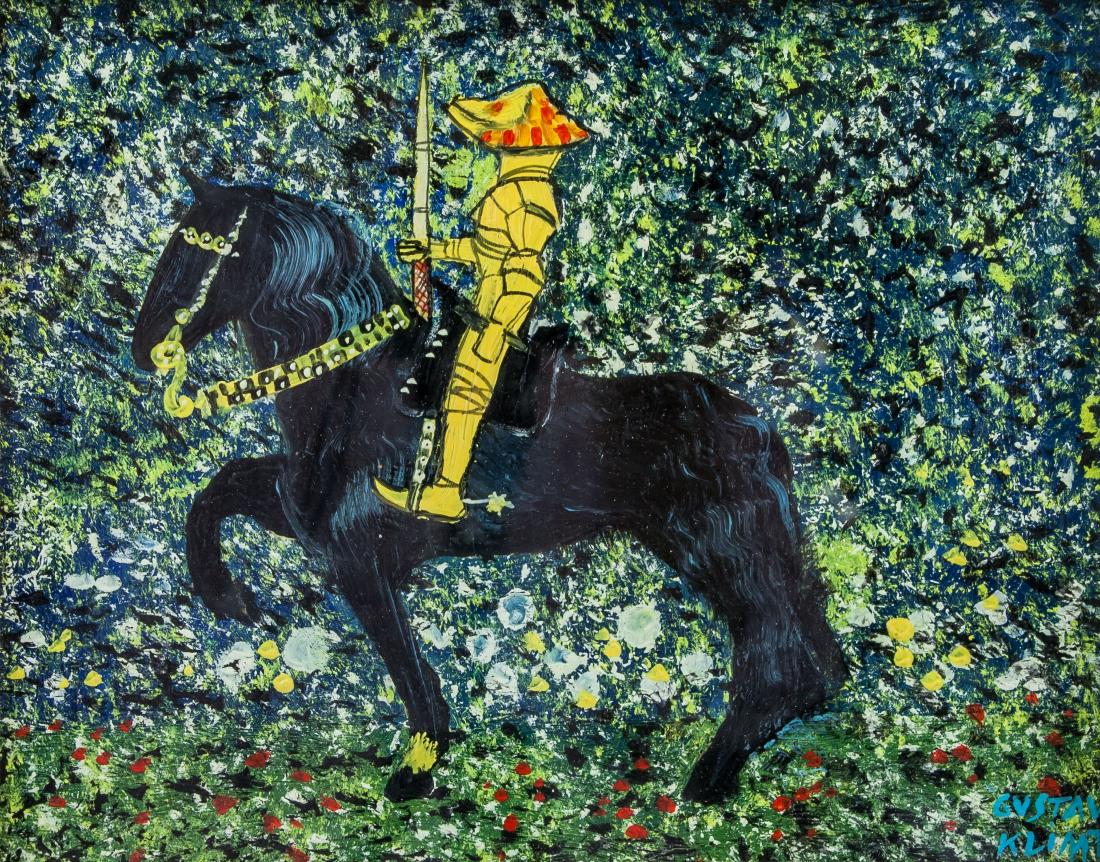 Manner GUSTAV KLIMT Austrian 1862-1918 Oil Paper: Oil on paper, framed. Featuring a horseback rider and a black horse. Signed and Manner of Gustav Klimt (Austrian, 1862-1918) on the lower right corner. 24.5 x 30 cm (9.6 x 11.8 inches) Gustav Klimt is