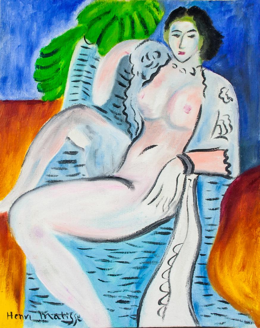 Attr. HENRI MATISSE French 1869-1954 Oil on Canvas: Oil on canvas, framed. Featuring a nude reclining on a couch. Signed and attributed Henri Matisse (French, 1869-1954) on the lower left corner. 49.5 x 40.5 cm (19.5 x 15.9 inches). Henri Matisse was o