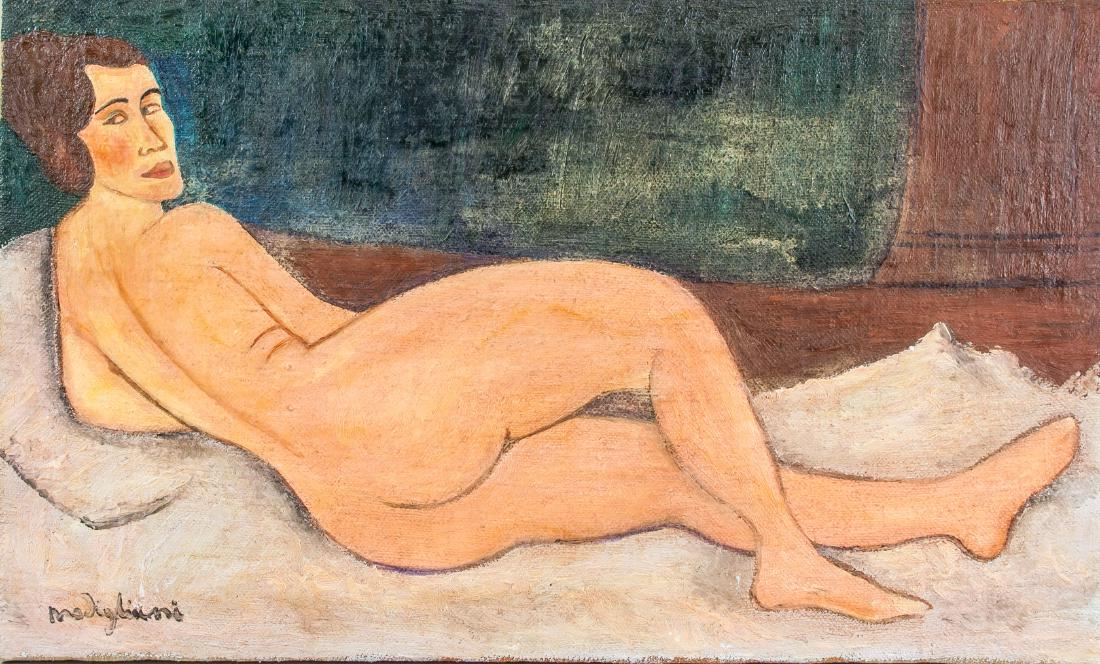 Attr. AMEDEO MODIGLIANI Italian 1884-1920 OOC: Oil on canvas, framed. Featuring a reclining nude study. Signed and attributed to Amedeo Modigliani (Italian, 1884-1920) on the lower left corner. 11.8 x 19.5 inches (30 x 49.5 cm). Italian painter an