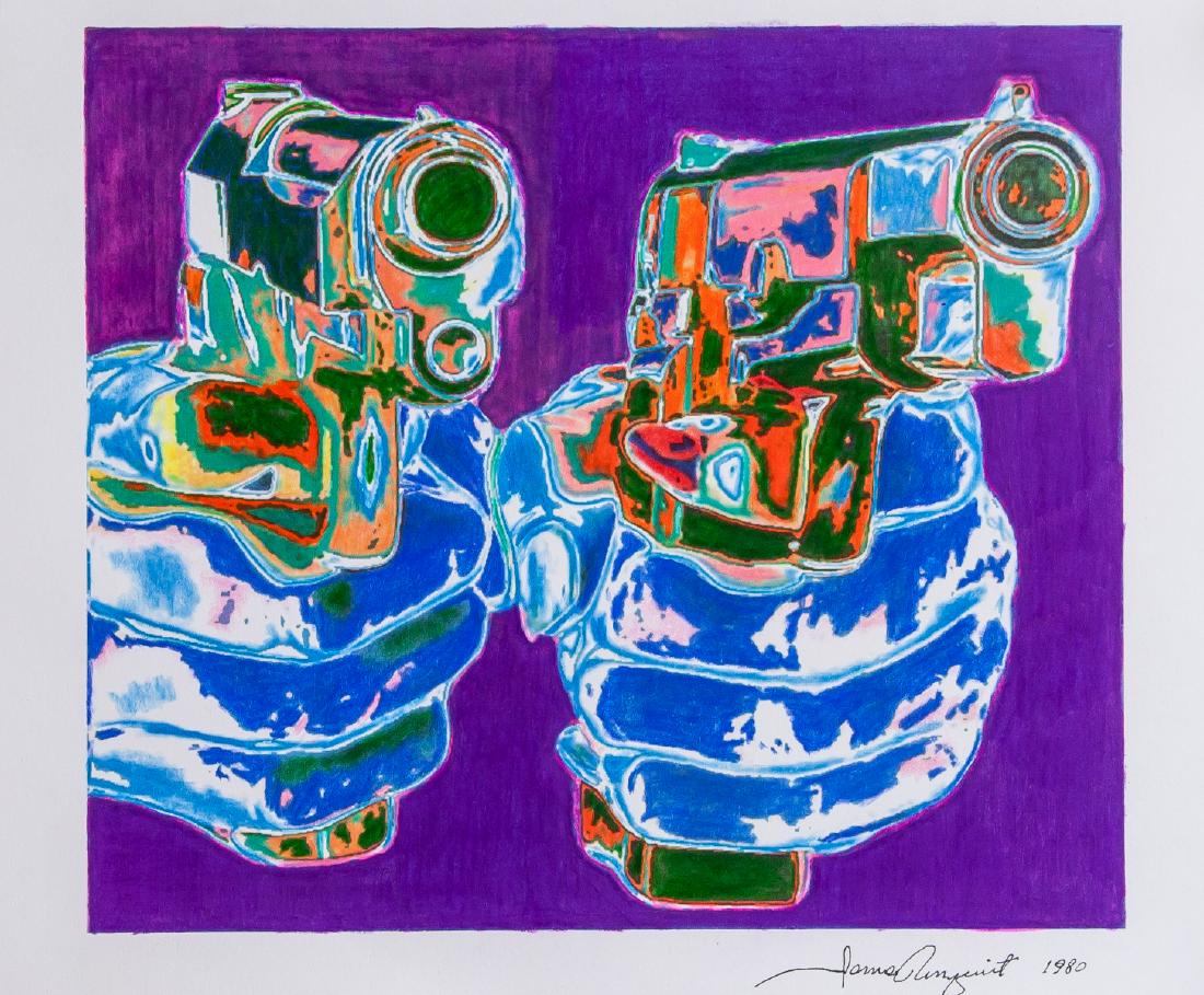 Attr. JAMES ROSENQUIST US 1933-2017 Pencil Crayon: Color pencil crayon on paper. Featuring a pair of hand holding weapons. Signed and attributed to James Rosenquist (American, 1933-2017) on the lower right corner. 21 x 29.5 cm (8.3 x 11.6 inches) Jame