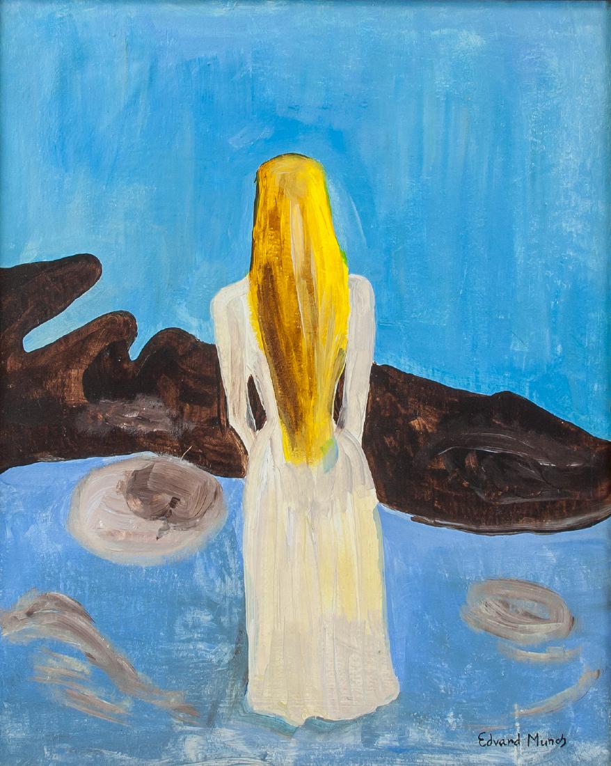 Manner of EDVARD MUNCH Norwegian 1863-1944 Acrylic: Acrylic on canvas, framed. Featuring a portrait of a woman. Signed and attributed to Edvard Munch (Norwegian, 1863-1944) on the lower right corner. 49 x 39.5 cm (19.3 x 15.6 inches). A recognized fore