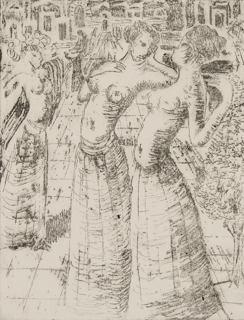 Attr. PAUL DELVAUX Belgian 1879-1994 Etching: Etching. Featuring three nudes in mythical scene. Signed and attributed to Paul Delvaux (Belgian, 1897-1994). Paul Delvaux is known for his oil paintings that fuse elements of Surrealism with classica