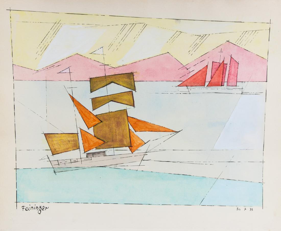 LYONEL FEININGER US 1871-1956 Watercolor and Ink on Pap: Ink and watercolour on paper painting, featuring landscape scene. Signed and attributed to Lyonel Feininger (American, 1871-1956) on lower left corner. Dated July 7, 1033 on bottom right corner. 8.80