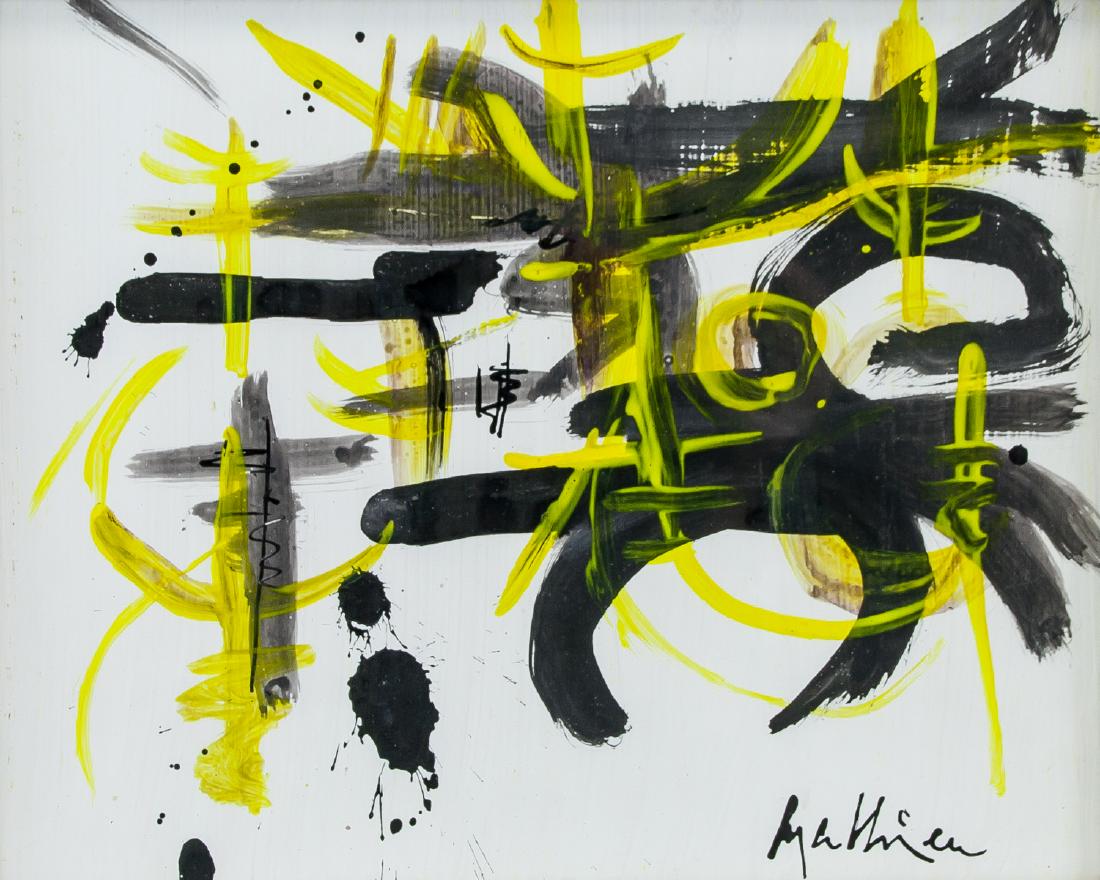 GEORGES MATHIEU 1921-2012 French Acrylic on Paper: Acrylic on paper, framed, featuring an abstract composition. Signed and attributed to Georges Mathieu (French, 1921-2012) on the lower right corner. 21.5 x 26 cm (8.5 x 10.2 inches). Frame size: 36.5