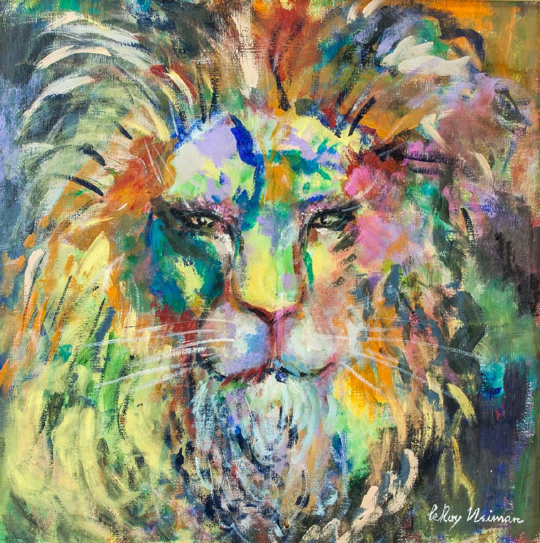 American Pop Art Oil on Canvas Signed LeRoy Neiman: American Pop Art School. Oil on canvas, framed. Featuring a portrait of a lion. Signed LeRoy Neiman on the lower right corner. 142.5 x 42 cm (16.5 x 16.5 inches). PROVENANCE: Private European estate.