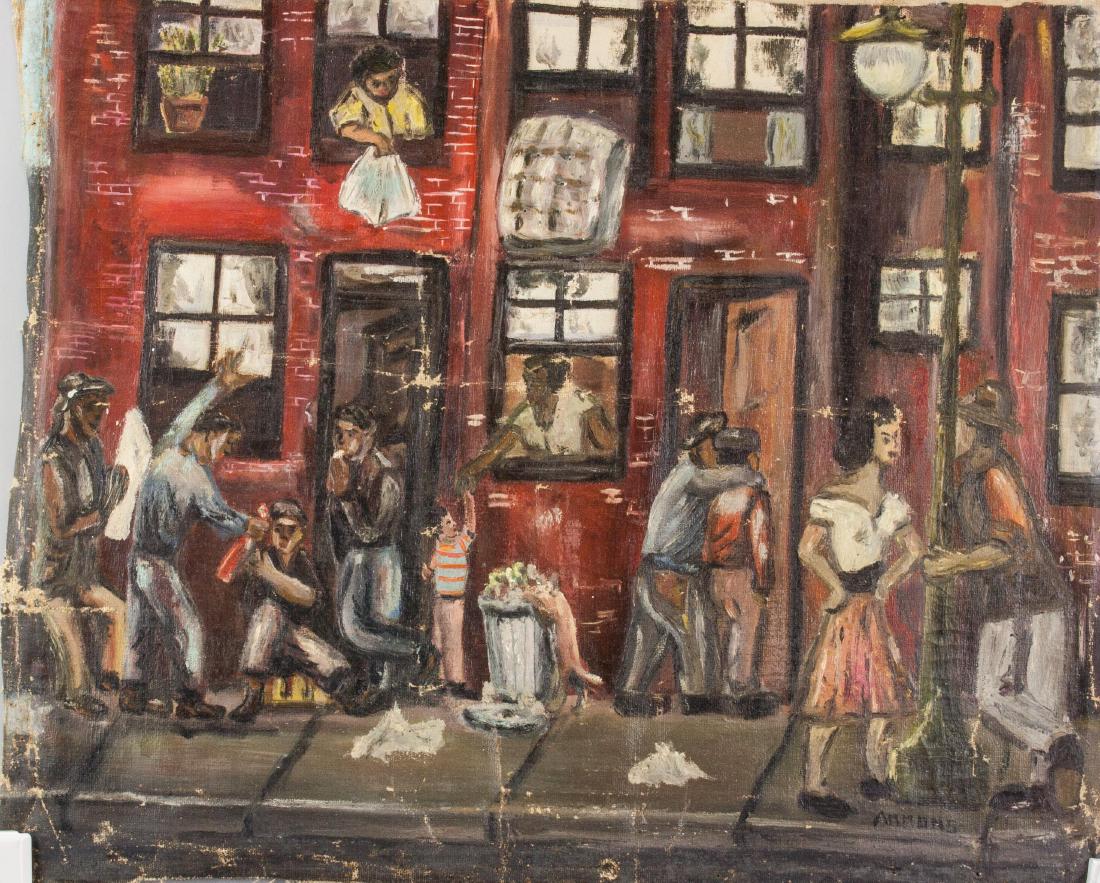 AMMONS American Oil on Canvas 70's Art: An oil on canvas painting featuring the streets of Harlem. The work is signed "Ammons" on the lower right corner and measures 19 x 23 in. (48.26 x 58.42 cm). PROVENANCE: Upper New York Estate