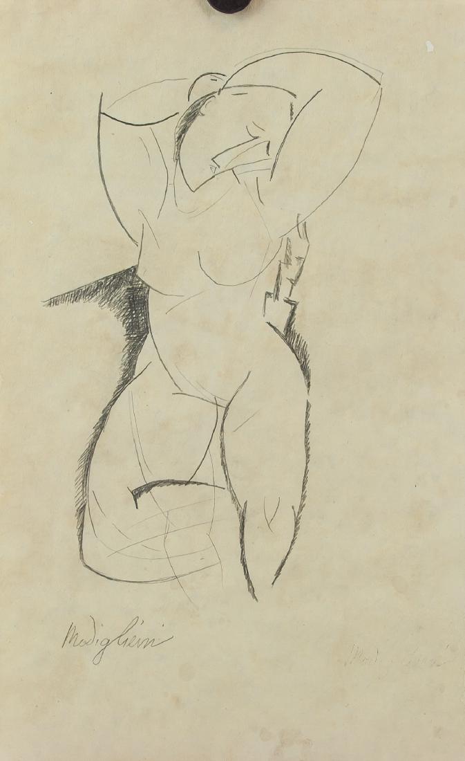 Italian Graphite Nude Lady Signed Modigliani: Graphite on paper. Featuring a nude sketch. Signed Modigliani on the lower left corner. 29.5 x 18.5 cm (11.6 x 7.3 inches). Italian painter and sculptor Amedeo Modigliani is celebrated for his iconic