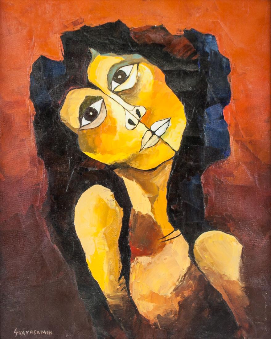 Ecuadorian Cubist OOC Signed Guayasamin: Oil on canvas, framed. Featuring a portrait of a woman. Signed Guayasamin on the lower left corner. Gallery label attached on verso "Zabriskie Gallery, 724 Fifth Avenue, NY 10019, entitled 'Girl' from