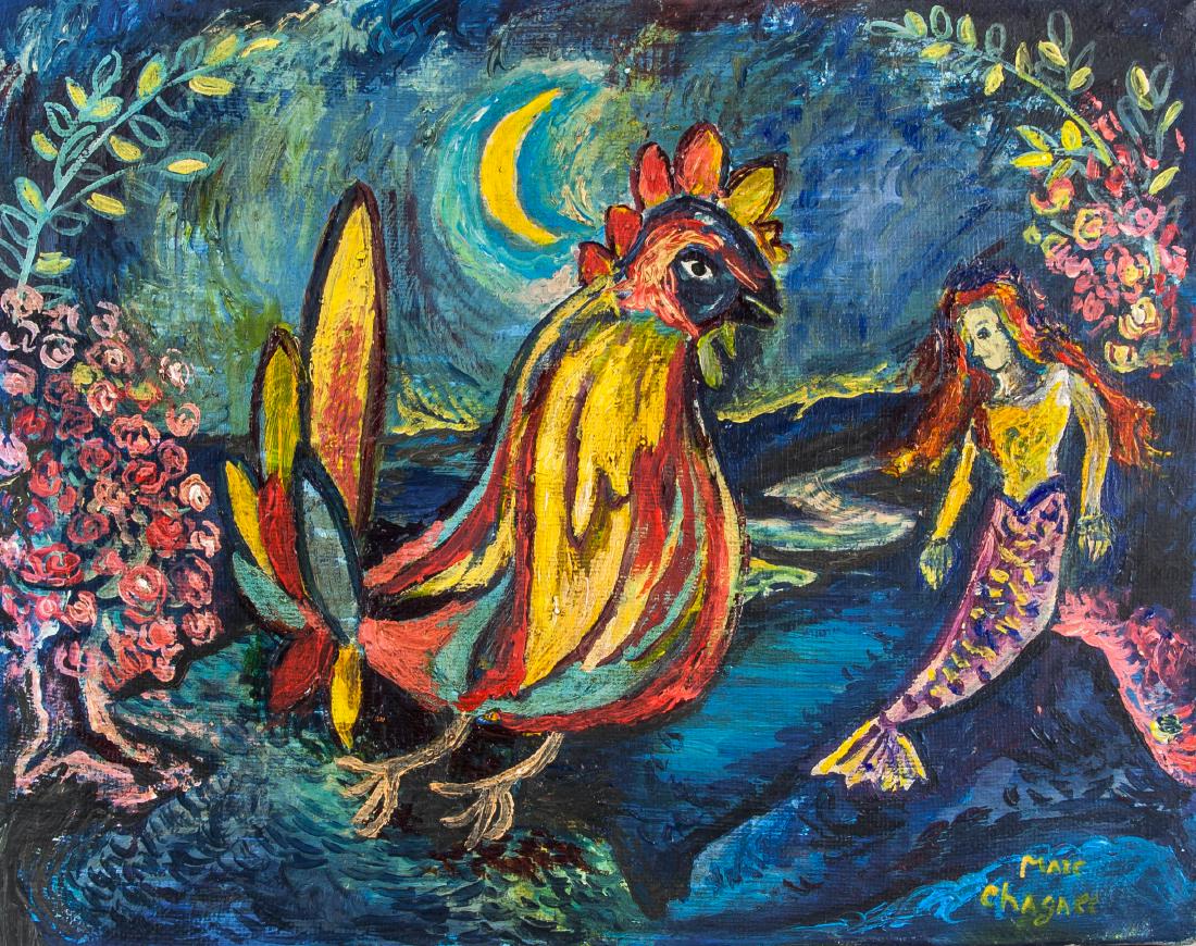 French Oil Rooster & Mermaid Signed Marc Chagall: Oil on stretched canvas, featuring rooster and mermaid, signed Marc Chagall on lower right corner, 30 x 38 cm (11..8 x 14.9 inches). Honored for his distinct style and pioneering role among Jewish art