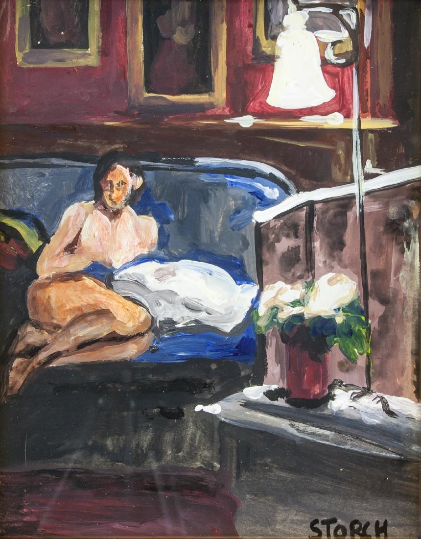 American Nativist Oil Canvas Signed Storch: Oil on canvas, framed. Featuring nude reclining on a couch. Signed Storch on the lower right corner. Attributed to Sally Storch b.1952 American. 28 x 22.5 cm (11 x 8.9 inches). PROVENANCE: Southern On