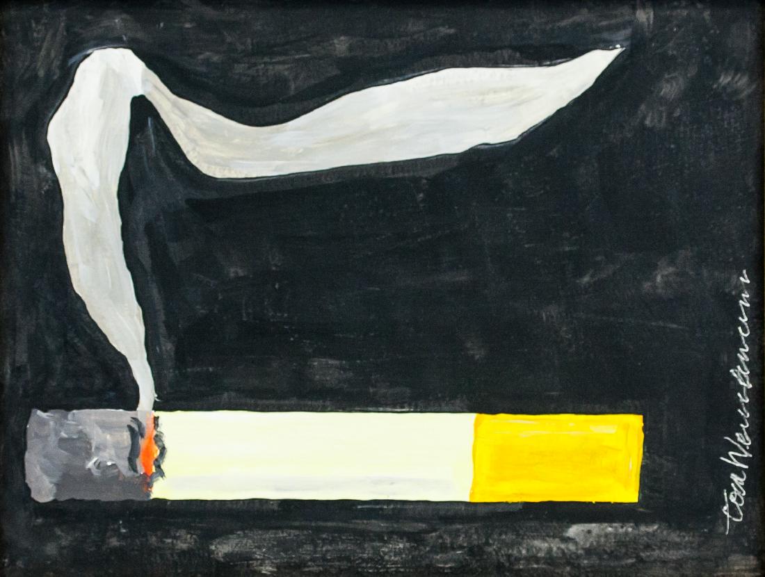 American Oil on Canvas Signed Illegibly Wess******: Oil on canvas, stretched and framed. Featuring a lit cigarette. Signed illegibly. 33 x 44 cm (13.0 x 17.3 inches). Southern Ontario estate Tom Wesselmann was an American Pop artist best known for his