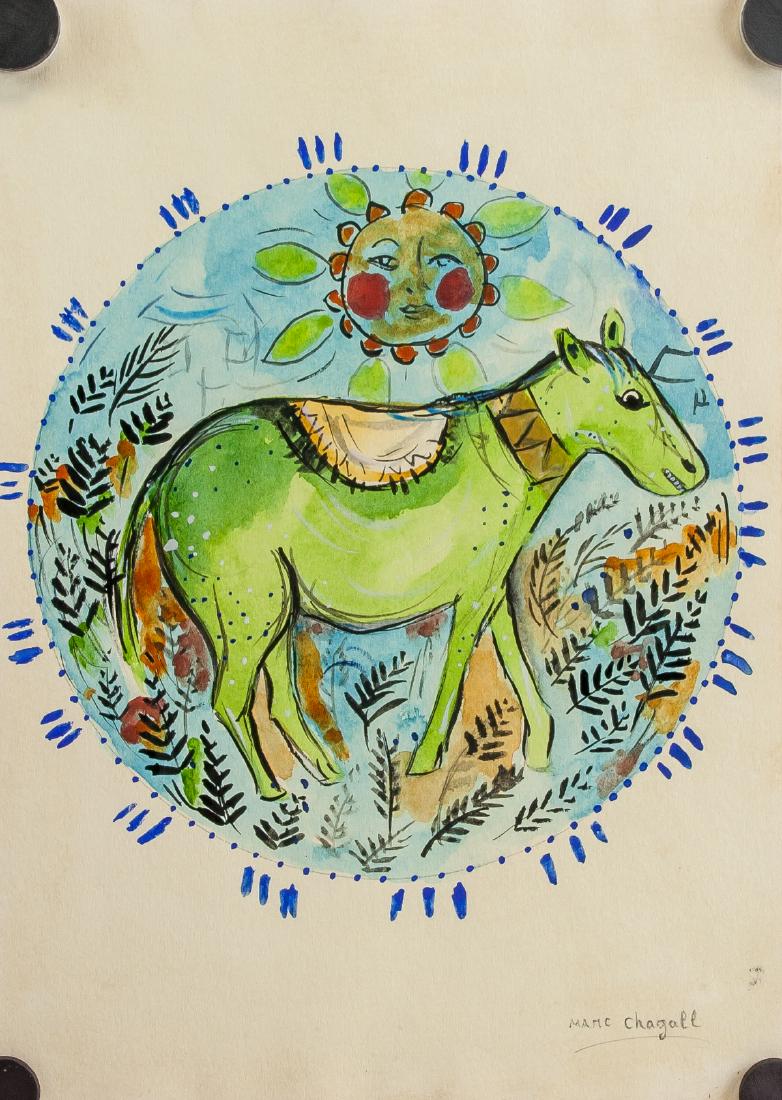 French Surrealist Mixed Media Signed Marc Chagall: Mixed media on paper. Featuring a surrealist horse figure. Signed Marc Chagall on the lower right corner. 29.5 x 21 cm (11.6 x 8.3 inches). PROVENANCE: Upper New York estate