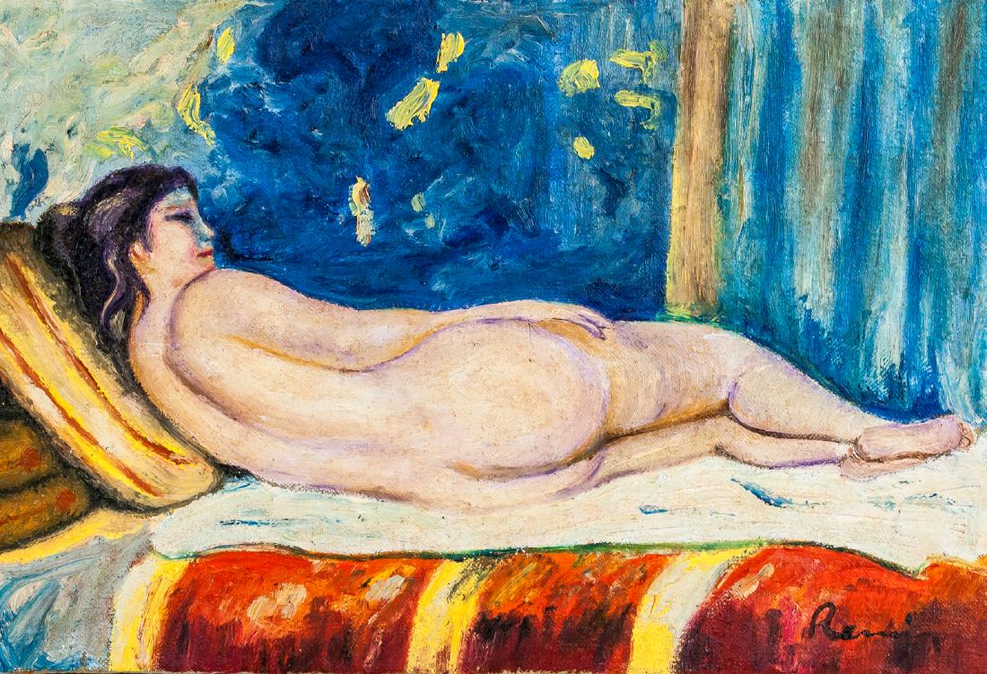 French Impressionist Nude OOC Signed Illegibly: Oil on canvas, stretched. Featuring a nude reclining on bed. Signed illegibly on the lower right corner. Stamped illegibly twice on verso. Label inscribed on bottom of stretcher bar. 12 x 17.75 inches
