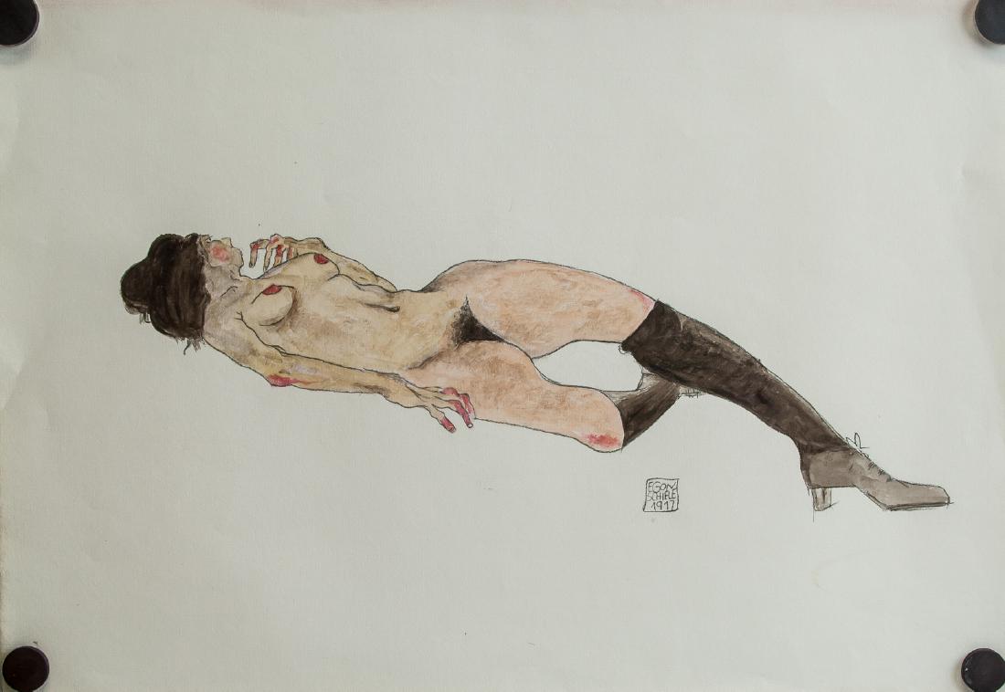 Austria Expressionist Mixed Signed Egon Schiele: Mixed media on paper. Featuring a nude. Signed Egon Schiele and inscribed 1917 on the lower right quadrant. 30 x 43.5 cm (11.8 x 17.1 inches). PROVENANCE: Upper New York estate Egon Schiele (1890-1918
