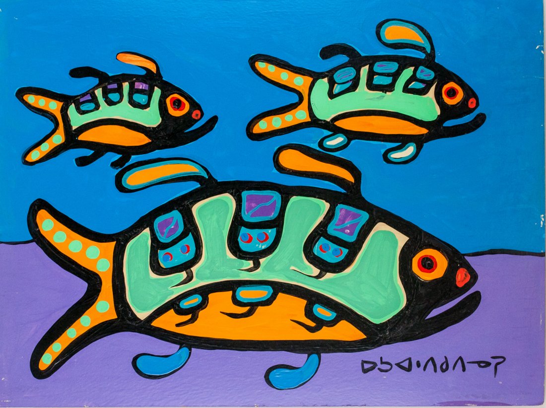 Norval Morrisseau Canadian Acrylic on Panel C.1976: Acrylic on panel. Featuring swimming fish. Signed Anishnaabe name of Norval Morrisseau on the lower right corner. Inscribed in marker, "The Picture is of genuine Painting done by my father Normal Morr