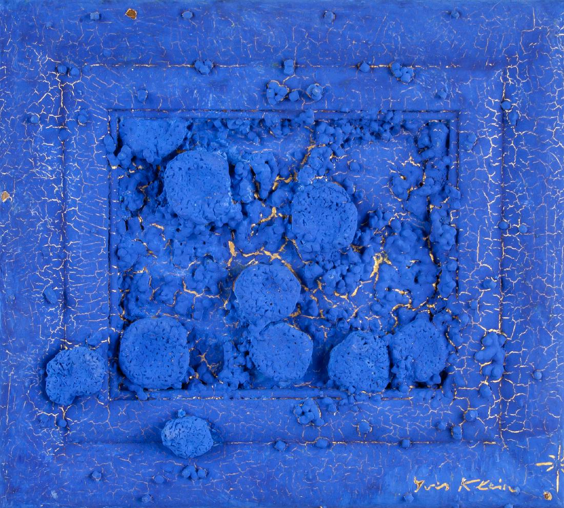 Yves Klein French 1928-1962 Mixed Media Blue: Mixed media. Signed and attr. Yves Klein (French, 1928-1962) on lower right corner. 11.4 x 10.2 in. (29 x 26 cm). Yves Klein is best known for his trademark ultramarine pigment, which he patented as I